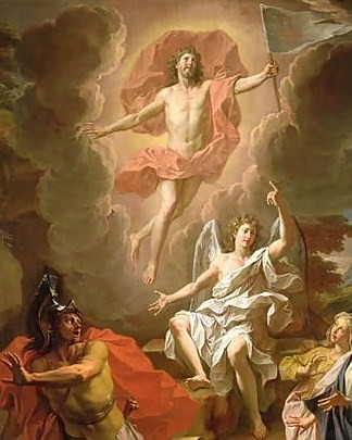 Jesús resucitado con un ángel a sus pies y un soldado romano