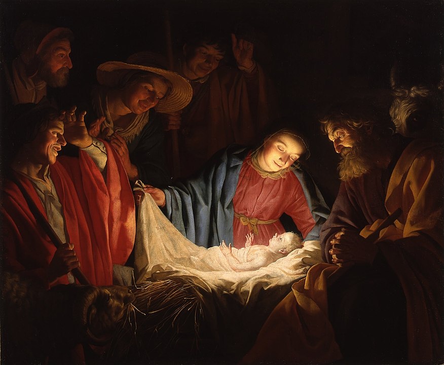 Pintura representando la adoración del niño Jesús por los pastores. María y José están con Él.