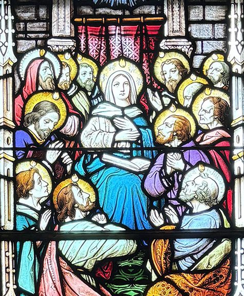 Vitral Pentecostés. María y los apóstoles.