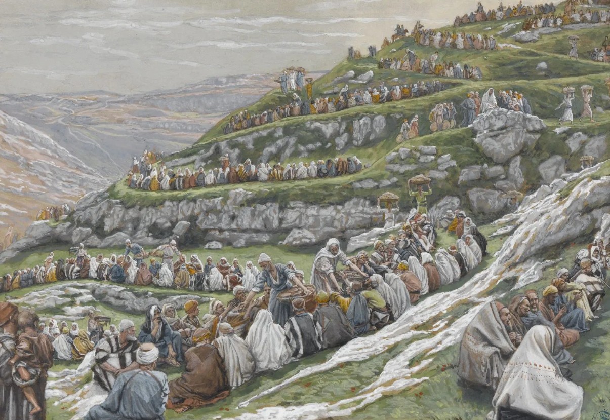 Foto de una pintura de James Tissot con mucha gente sentada en pasto