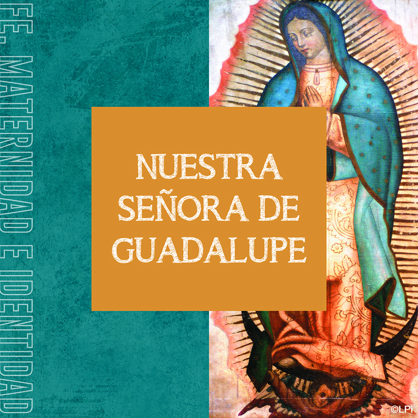 Poster showing a green square on the left and a picture of our Lady of Guadalupe on the right. In the middle, an orange square with the words "Nuestra Señora de Guadalupe"