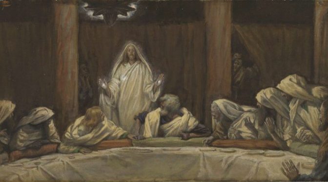 Jesús se aparece en medio de la cena de los discípulos mientras están en la mesa