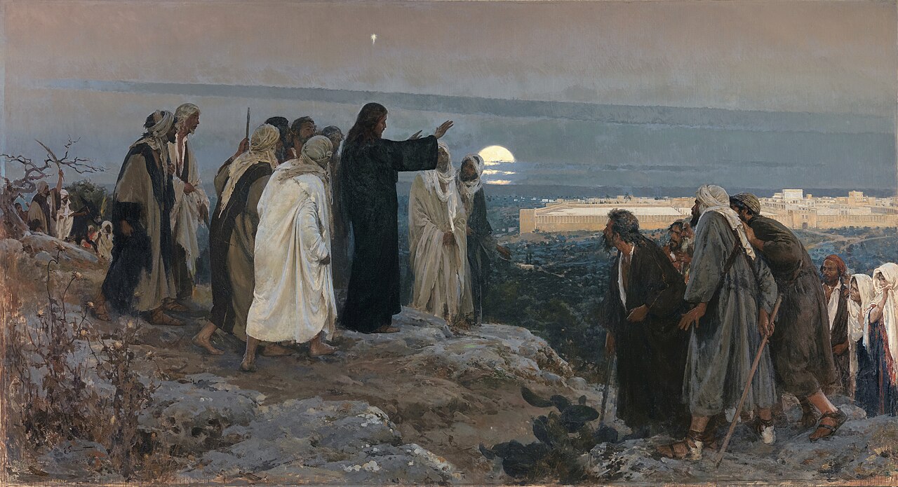 Jesús extendiendo sus manos y llorando por Jerusalén con sus discípulos