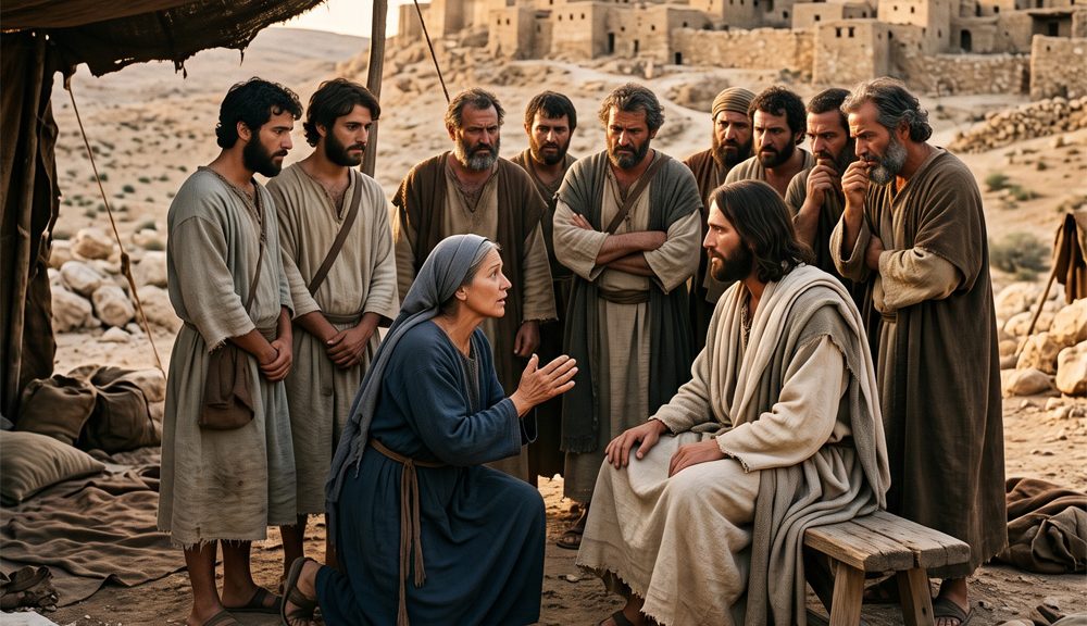 La Madre de Juan y Santiago pidiéndole a Jesus que sus hijos estén a su lado en su reino, con el resto de los apóstoles mirándolos enojados.