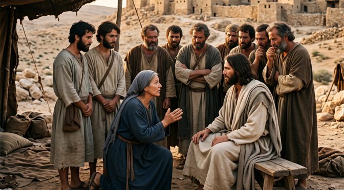 La Madre de Juan y Santiago pidiéndole a Jesus que sus hijos estén a su lado en su reino, con el resto de los apóstoles mirándolos enojados.