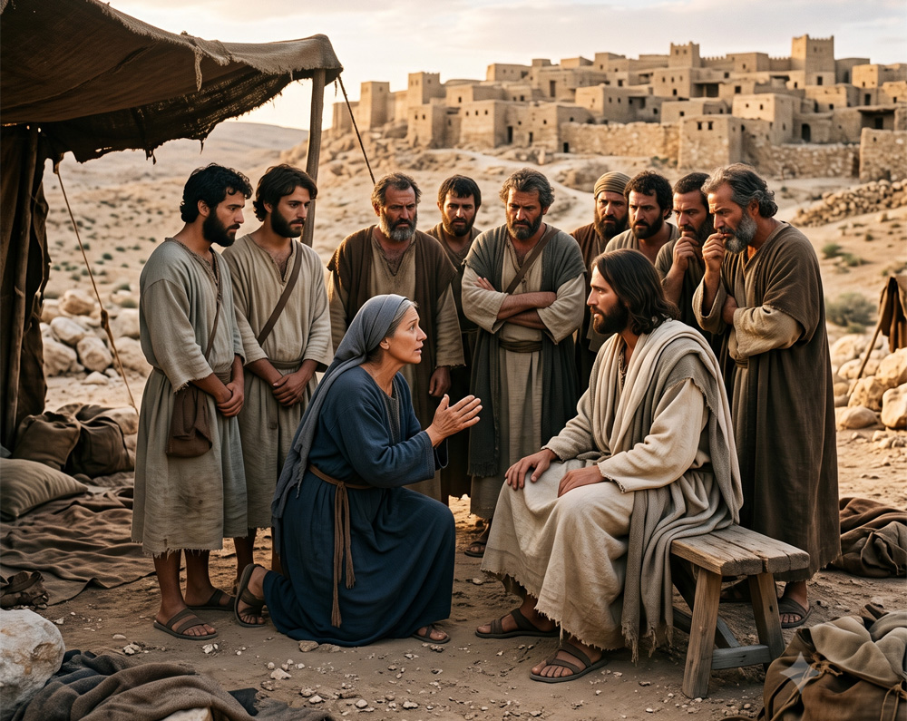 La Madre de Juan y Santiago pidiéndole a Jesus que sus hijos estén a su lado en su reino, con el resto de los apóstoles mirándolos enojados.
