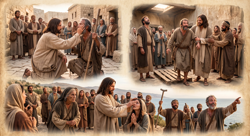 Imagen mostrando varias curaciones milagrosas efectuadas por Jesús