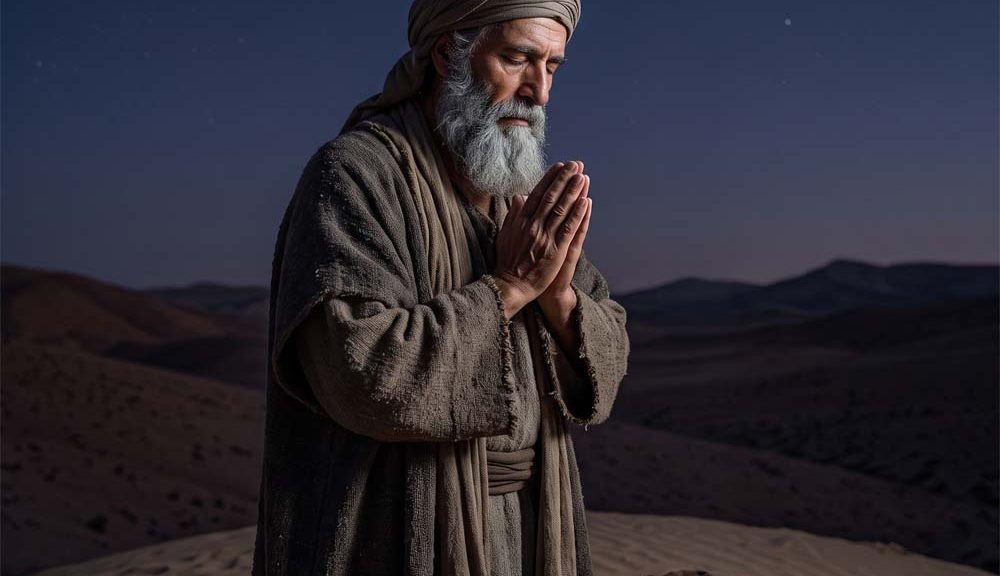 Imagen del profeta Jeremías, orando a Dios en una noche estrellada.