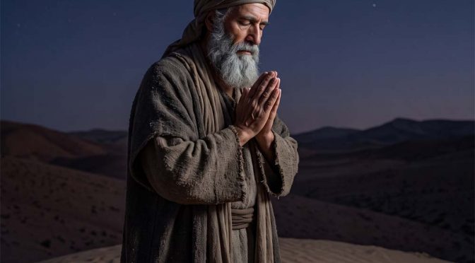 Imagen del profeta Jeremías, orando a Dios en una noche estrellada.