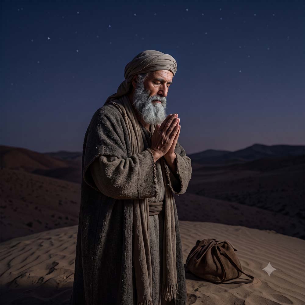 Imagen del profeta Jeremías, orando a Dios en una noche estrellada.