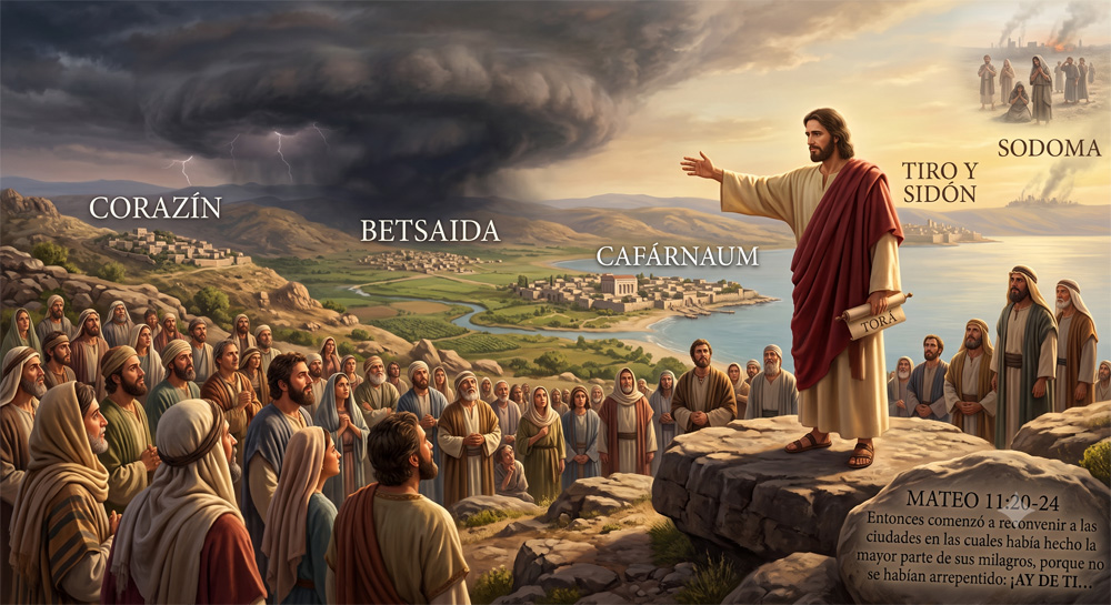 Imagen de Jesús hablando de la destrucción de Corasín, Betsaida, Cafarnaúm, Tiro y Sidón