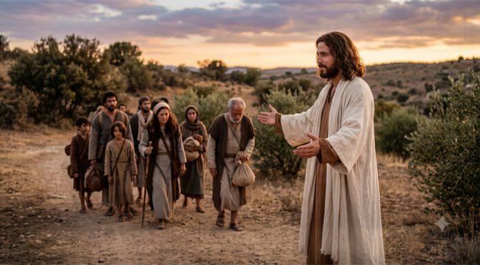 Imagen de Jesús hablando a personas que están agobiadas, cansadas, y el les dará descanso