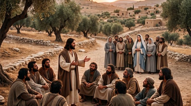 Jesús hablando con sus discípulos; su madre y otros están cerca esperando hablar con Él.