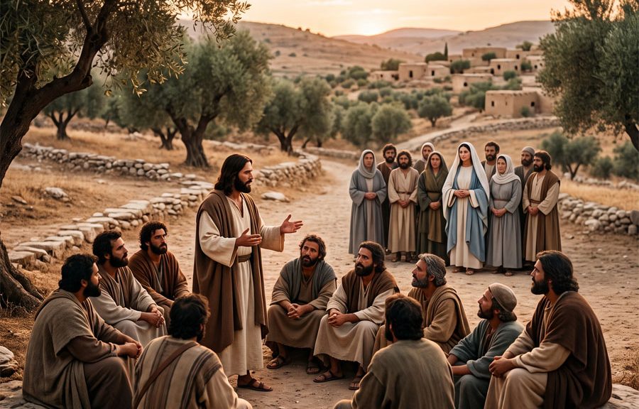 Jesús hablando con sus discípulos; su madre y otros están cerca esperando hablar con Él.