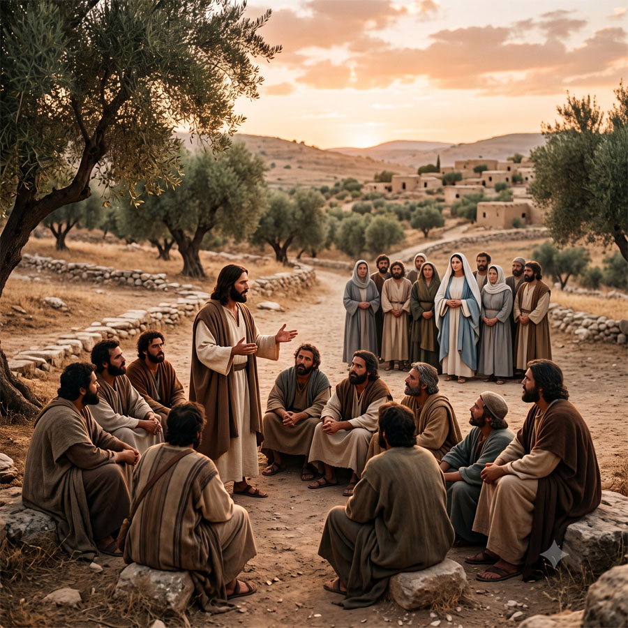 Jesús hablando con sus discípulos; su madre y otros están cerca esperando hablar con Él.