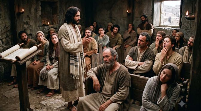 Jesús hablando a la gente de su pueblo que está escéptica y aburrida.
