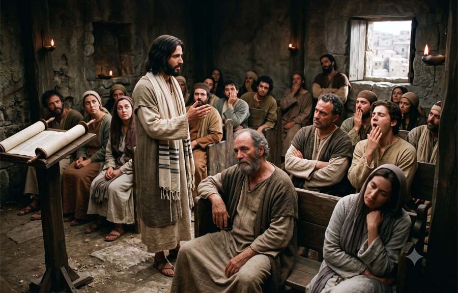 Jesús hablando a la gente de su pueblo que está escéptica y aburrida.