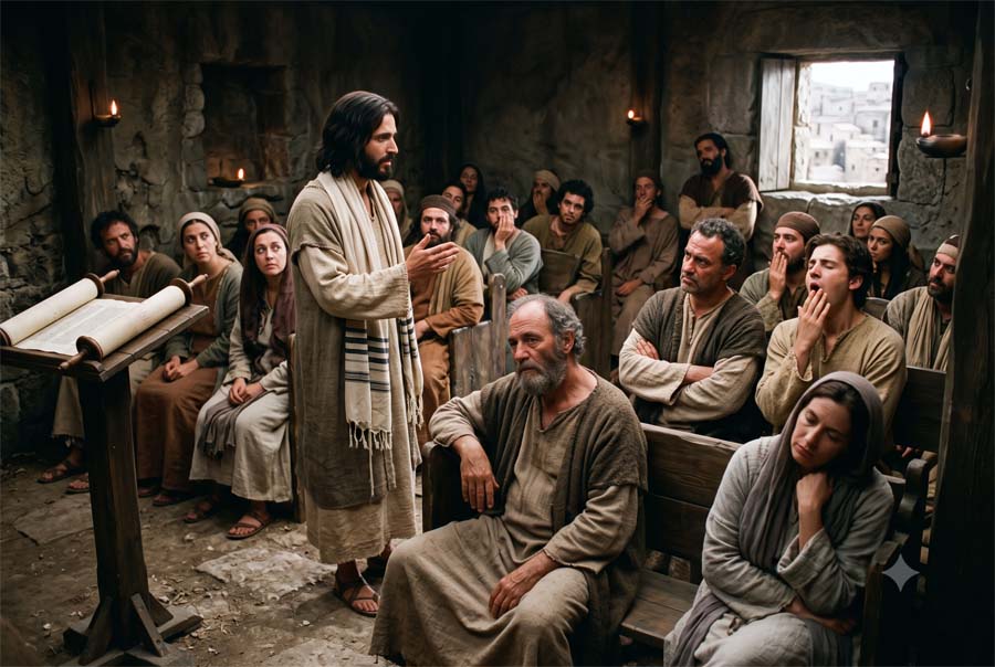 Jesús hablando a la gente de su pueblo que está escéptica y aburrida.