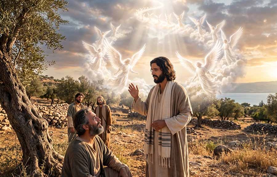 Natanael, visto debajo de una higuera, habla con Jesús que le dice que lo verá rodeado de ángeles.