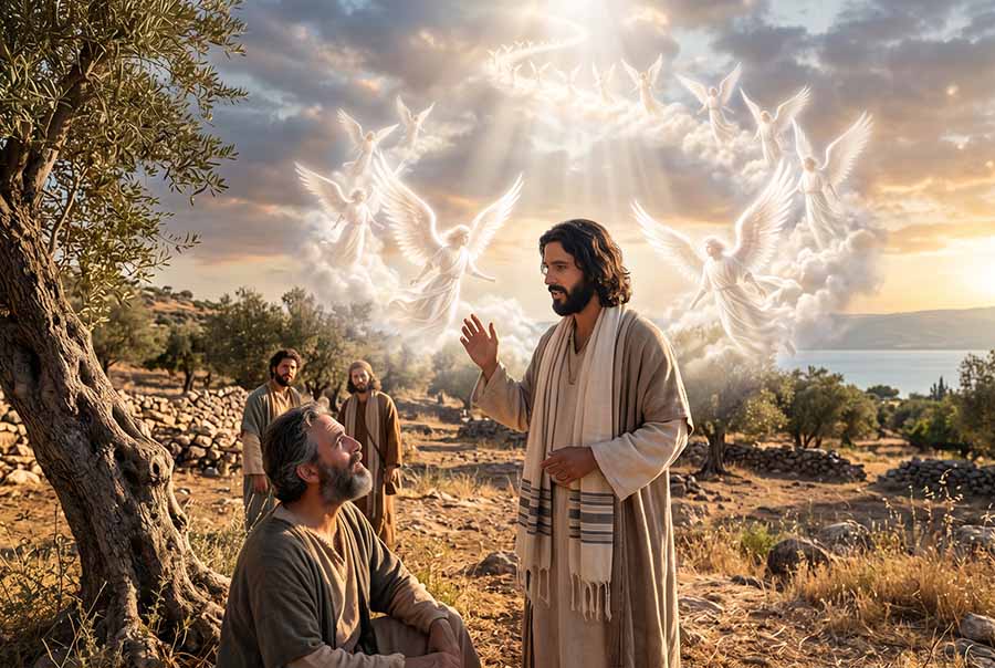 Natanael, visto debajo de una higuera, habla con Jesús que le dice que lo verá rodeado de ángeles.