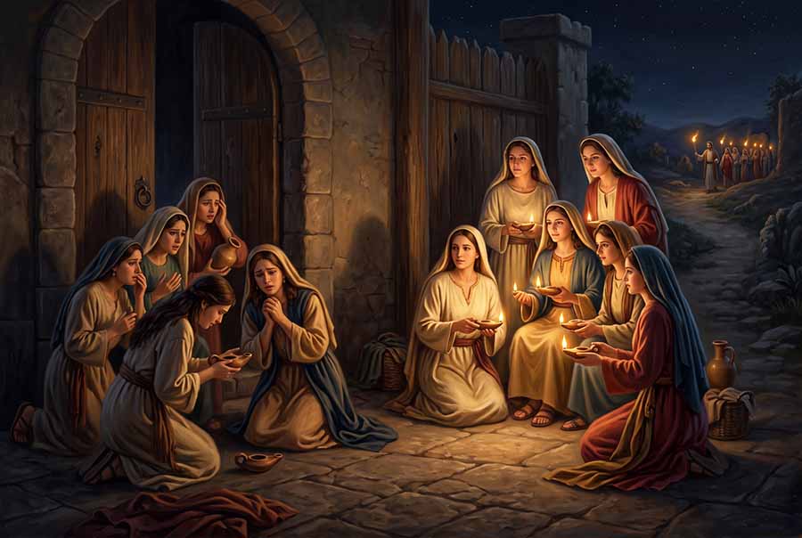 Las diez vÃrgenes, con las jóvenes preparadas y las descuidadas.