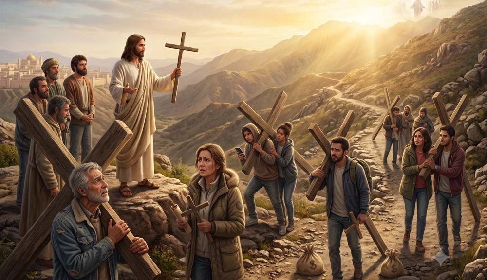 Jesús hablándole a la gente que está preocupada cargando sus propias cruces