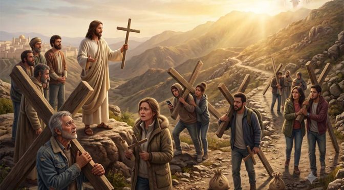 Jesús hablándole a la gente que está preocupada cargando sus propias cruces