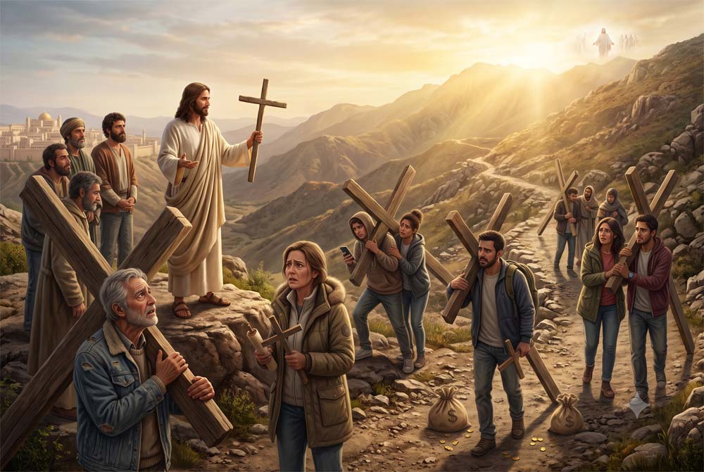 Jesús hablándole a la gente que está preocupada cargando sus propias cruces