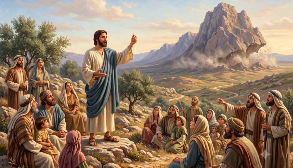 Jesús hablándole a sus discípulos con un grano de mostaza en la mano y al fondo una montaña moviéndose
