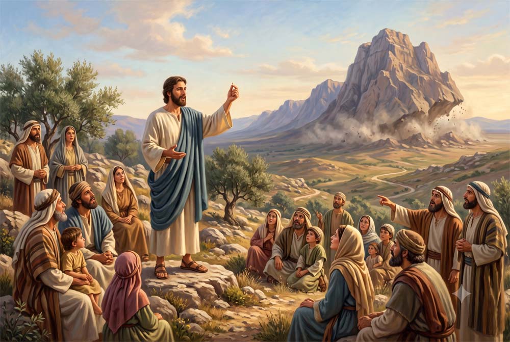 Jesús hablándole a sus discípulos con un grano de mostaza en la mano y al fondo una montaña moviéndose