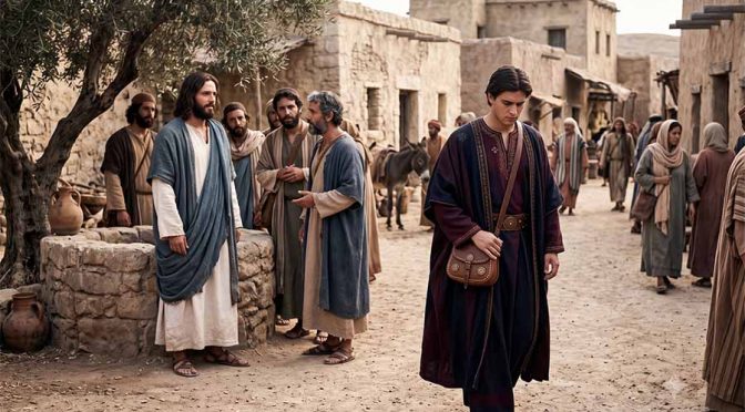 Jesús hablando con el joven rico, que se retira triste.
