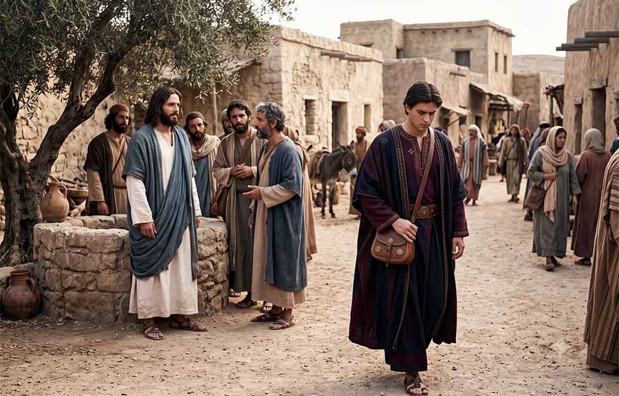 Jesús hablando con el joven rico, que se retira triste.