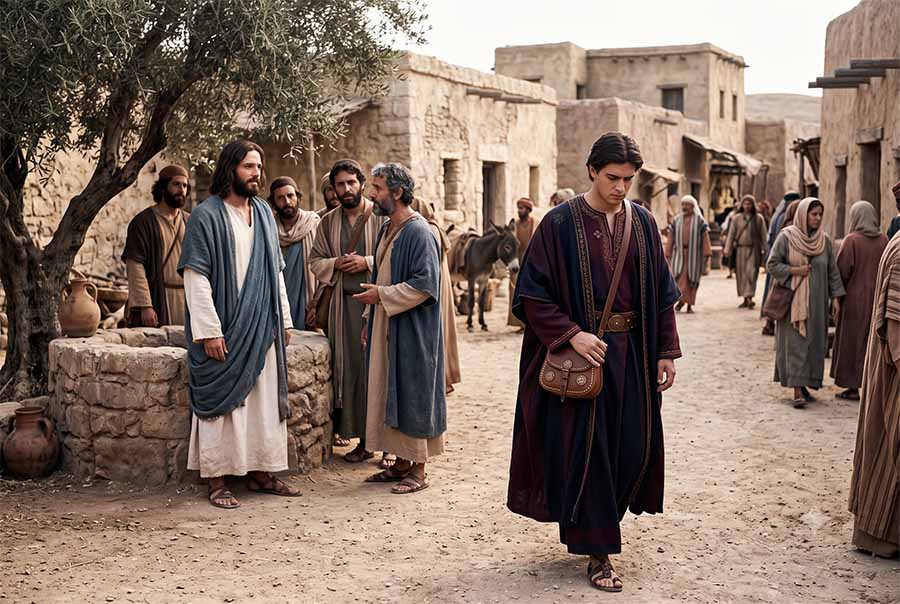 Jesús hablando con el joven rico, que se retira triste.