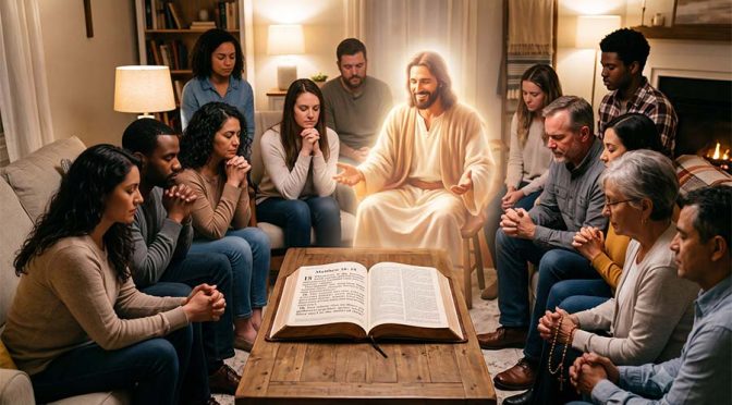 Grupo de gente orando en una sala de una casa y Jesús en medio de ellos y con una Biblia