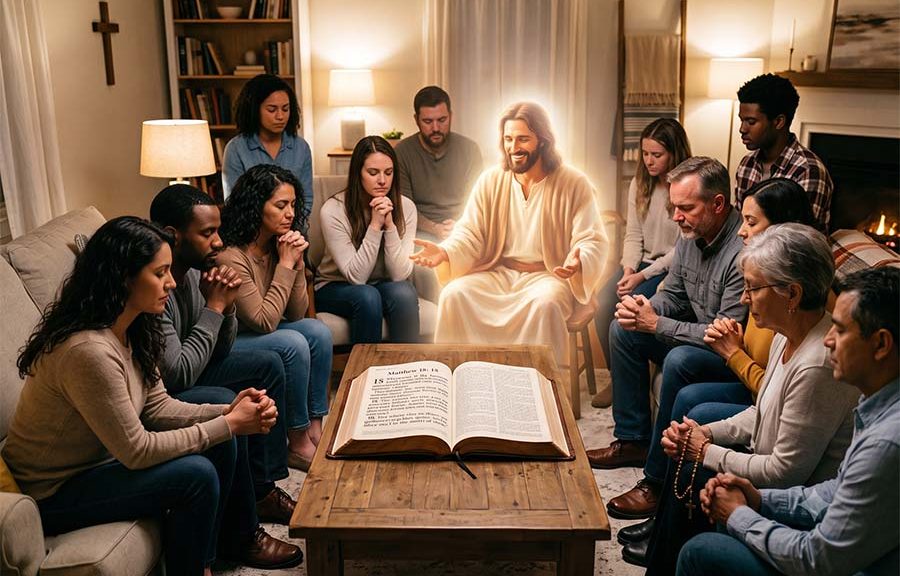 Grupo de gente orando en una sala de una casa y Jesús en medio de ellos y con una Biblia
