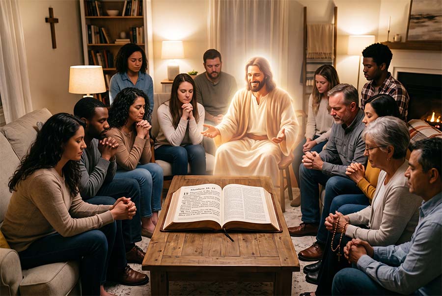 Grupo de gente orando en una sala de una casa y Jesús en medio de ellos y con una Biblia