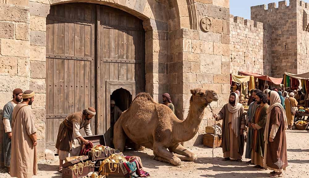 Camello entrando agachado por el "ojo de la aguja", o sea una pequeña puerta en las murallas de una gran ciudad.