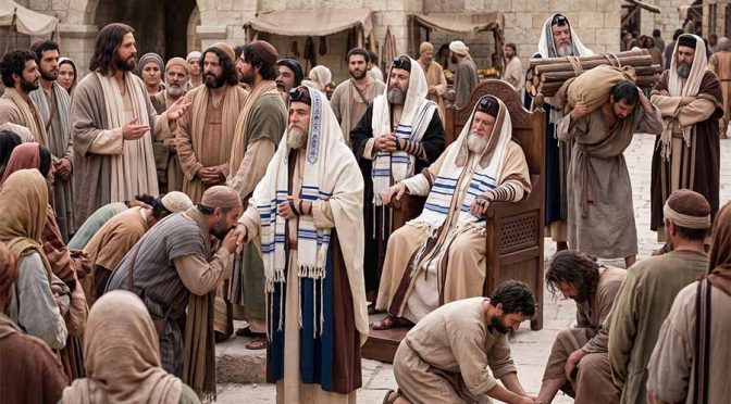 Jesús explicando a sus discípulos la hipocresía de los fariseos y escribas.