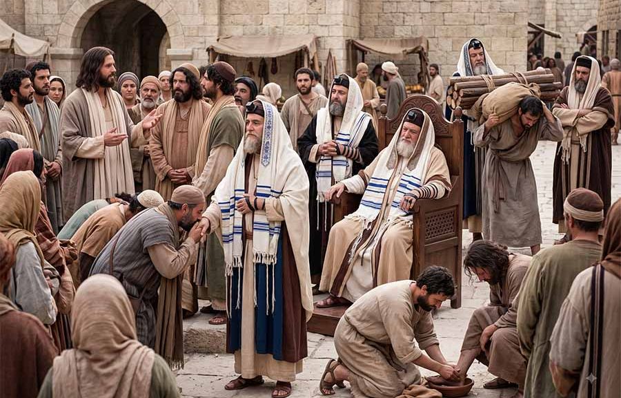 Jesús explicando a sus discípulos la hipocresía de los fariseos y escribas.