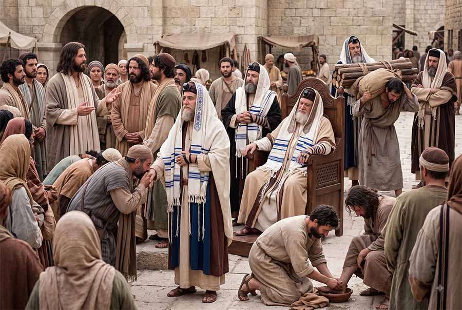 Jesús explicando a sus discÃpulos la hipocresÃa de los fariseos y escribas.