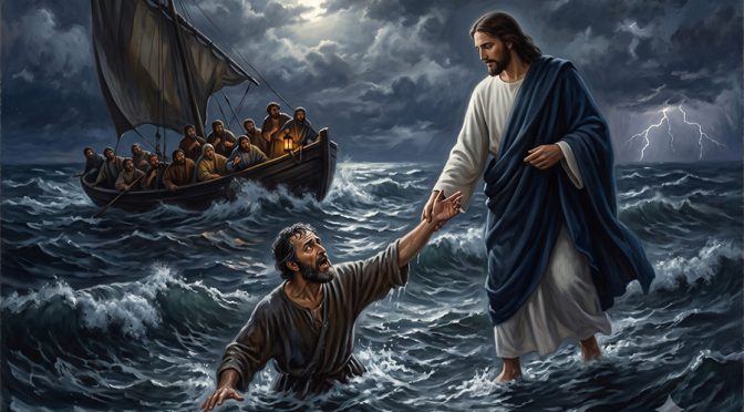 San Pedro hundiéndose en el mar por haber dudado cuando estaba caminando sobre el agua. Jesús va en su ayuda para salvarlo.