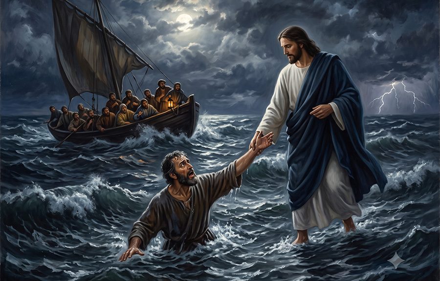 San Pedro hundiéndose en el mar por haber dudado cuando estaba caminando sobre el agua. Jesús va en su ayuda para salvarlo.