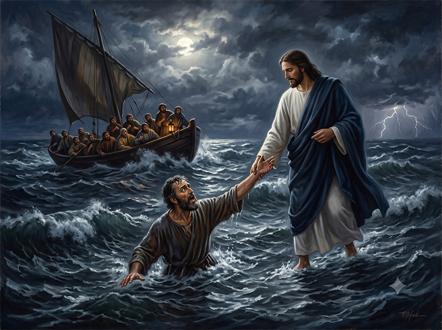 San Pedro hundiéndose en el mar por haber dudado cuando estaba caminando sobre el agua. Jesús va en su ayuda para salvarlo.