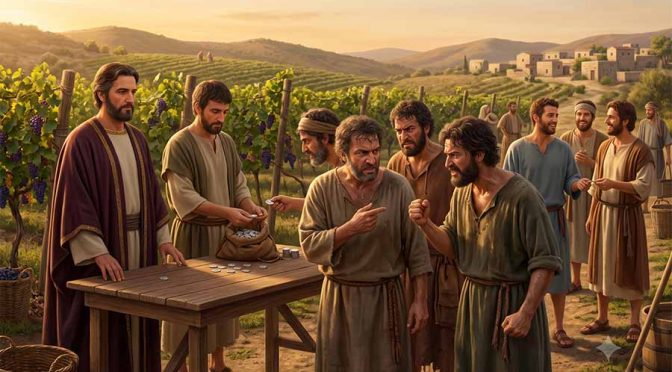 Parábola de los trabajadores de la viña, donde los que trabajaron todo el día están enojados porque les pagaron lo mismo que los que llegaron tarde.