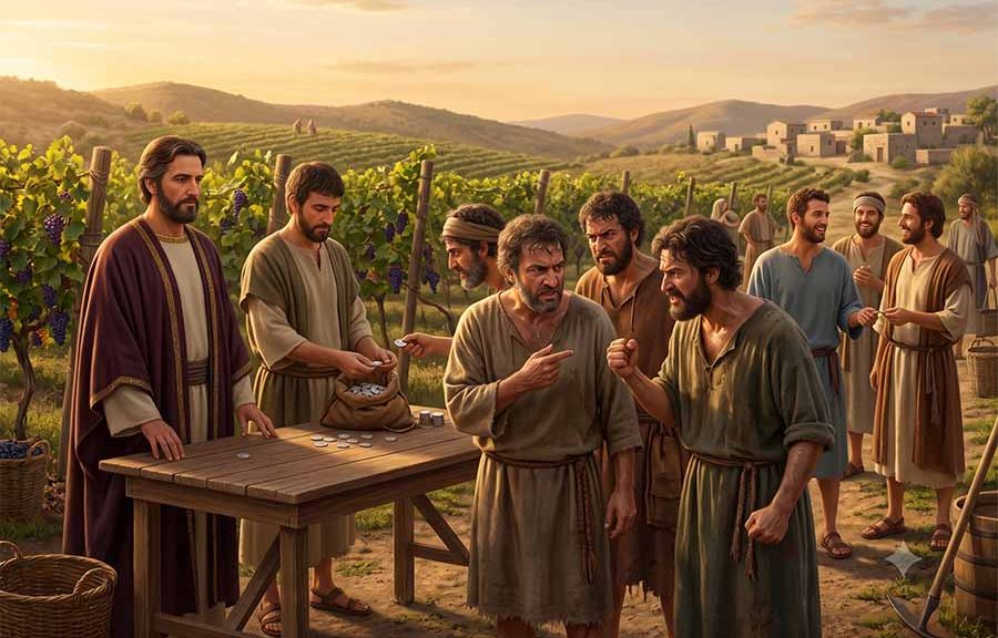 Parábola de los trabajadores de la viña, donde los que trabajaron todo el día están enojados porque les pagaron lo mismo que los que llegaron tarde.