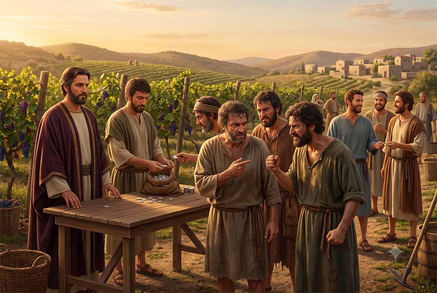 Parábola de los trabajadores de la viña, donde los que trabajaron todo el día están enojados porque les pagaron lo mismo que los que llegaron tarde.