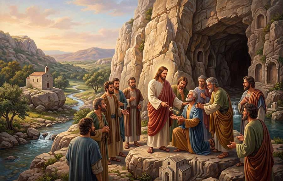 Pedro recibiendo las llaves del Reino de los Cielos por Jesús.