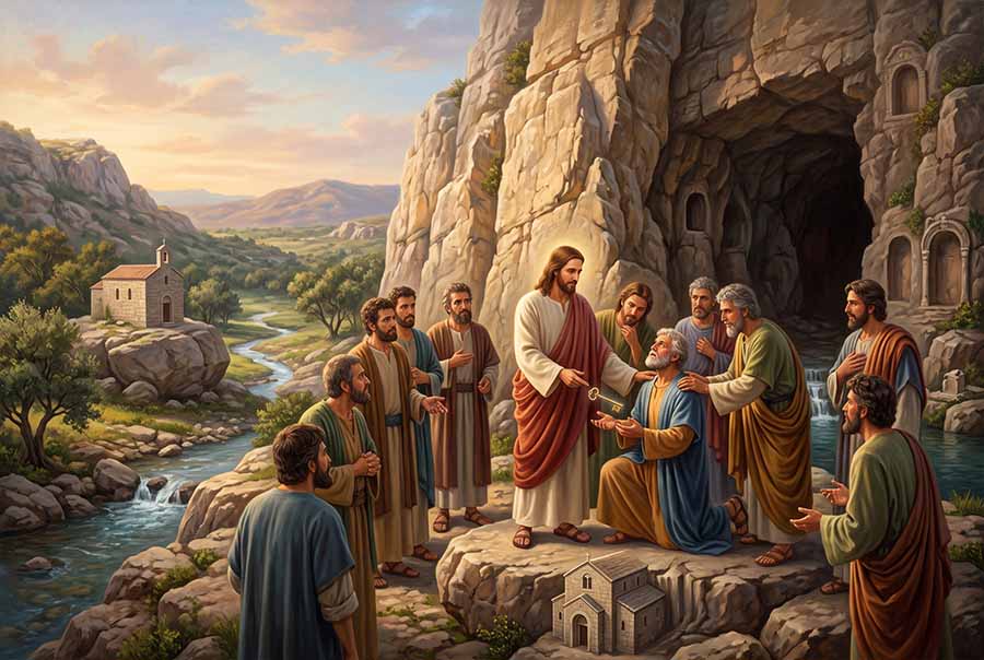 Pedro recibiendo las llaves del Reino de los Cielos por Jesús.