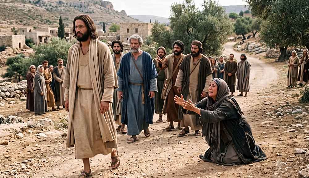 Mujer pidiéndole a Jesús que le cure a su hija poseida, pero Jesús la ignora.