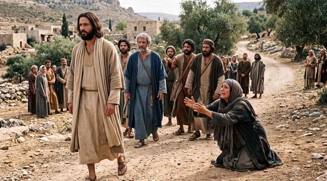 Mujer pidiéndole a Jesús que le cure a su hija poseida, pero Jesús la ignora.